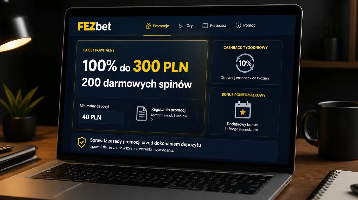 Panel promocji kasyna z bonusem 100% do 300 PLN, 200 darmowymi spinami i minimalnym depozytem 40 PLN