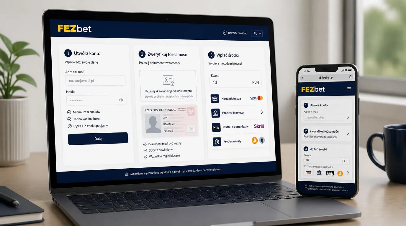 Panel rejestracji, przesyłania dokumentów KYC i pierwszego depozytu w PLN na laptopie i telefonie