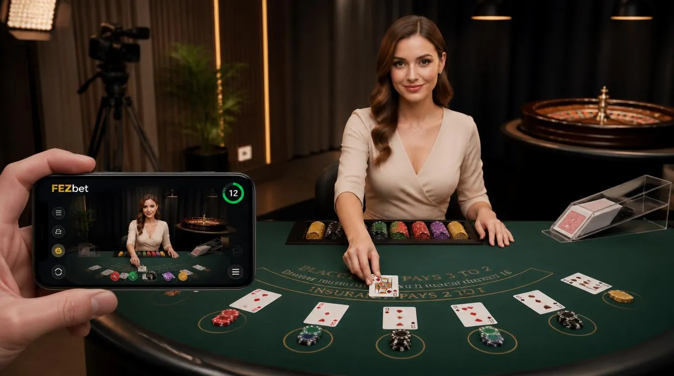 Krupierka przy stole blackjacka, koło ruletki i ekran mobilny z transmisją kasyna na żywo